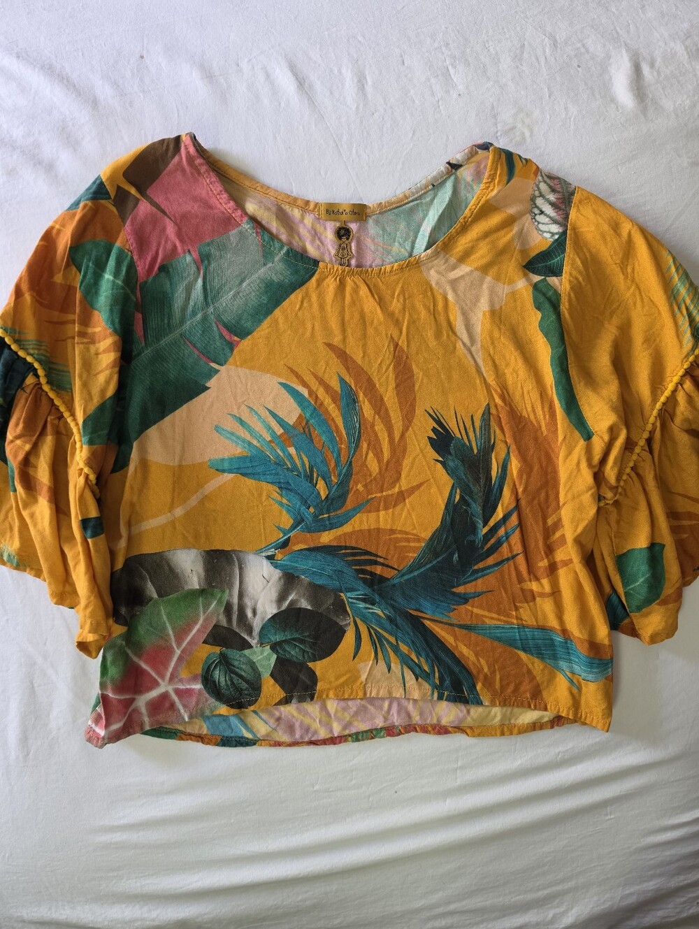 By Nathalia Otero Colombia Tropical Print Pom Pom Flutter Sleeve Crop Boho Sz M - Picture 1 of 6